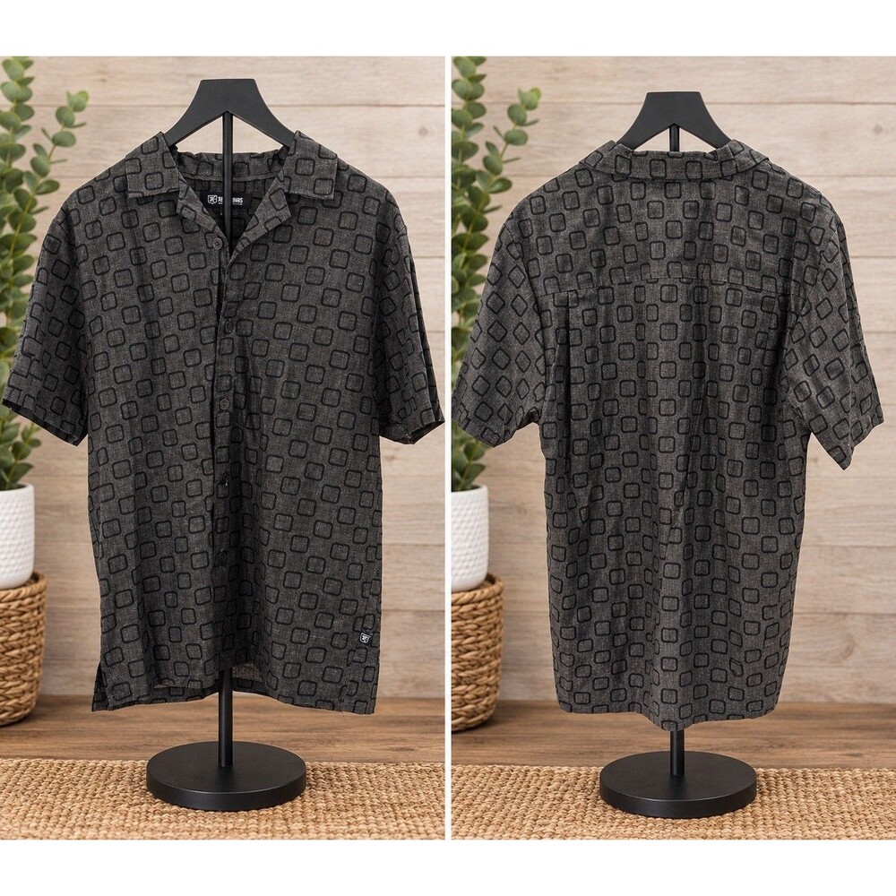 Stacy Adams Mens Sz M Button Up Shirt Black Linen Blend Geometric Camp Collar